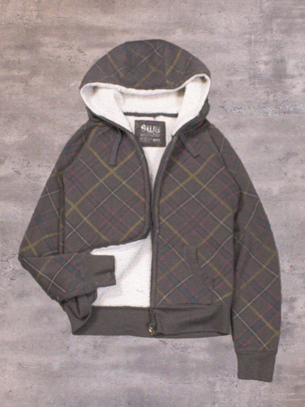 Y2K 00's Streetwear Society Lined Plaid Zip Sherpa Lined Grey Hoodie‎